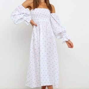 Petal + Pup Gabriella Linen Off Shoulder Milkmaid Midi Dress Size 4 Polka Dot